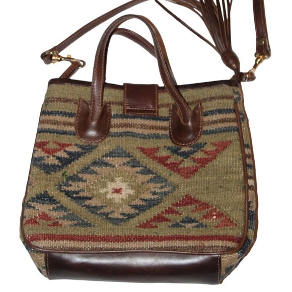 Woven Tapestry wool & leather shoulder bag Aztec print Southwest Crossbody purse - Picture 4 of 11